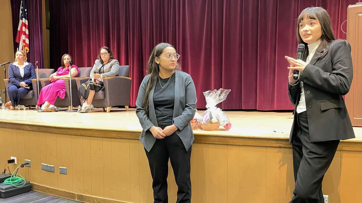 Weber State students Alexa Gonzalez, right, and Anayeli Rodriguez helped organize a Hispanic Heritage Month event on Wednesday at Weber State University in Ogden featuring three Latina leaders.