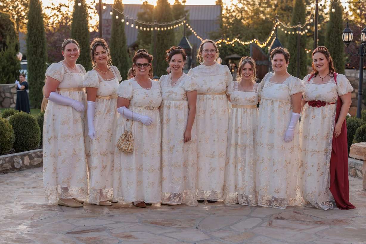Utah readers pose in matching Regency attire at author Julianne Donaldson's annual Regency Retreat in Lindon.