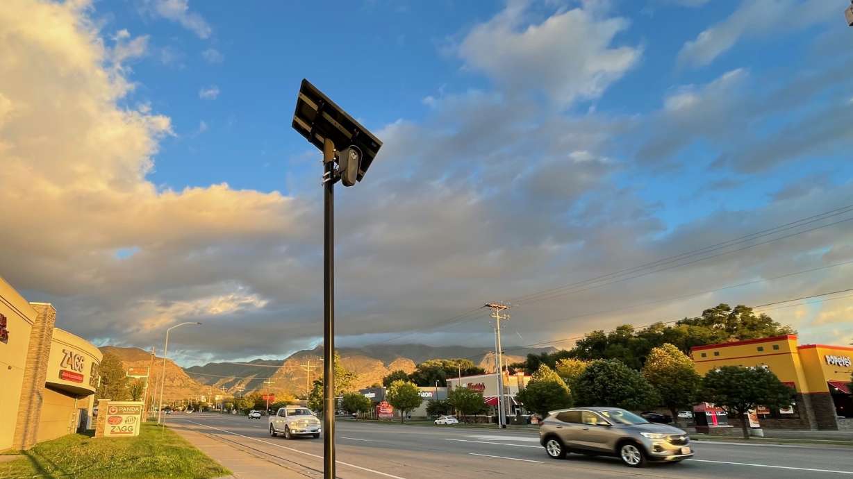 Ogden's police chief defended the city's system of 41 license-plate readers at a City Council work session on Tuesday. One of the cameras monitors passing cars on 12th Street in Ogden on Wednesday.