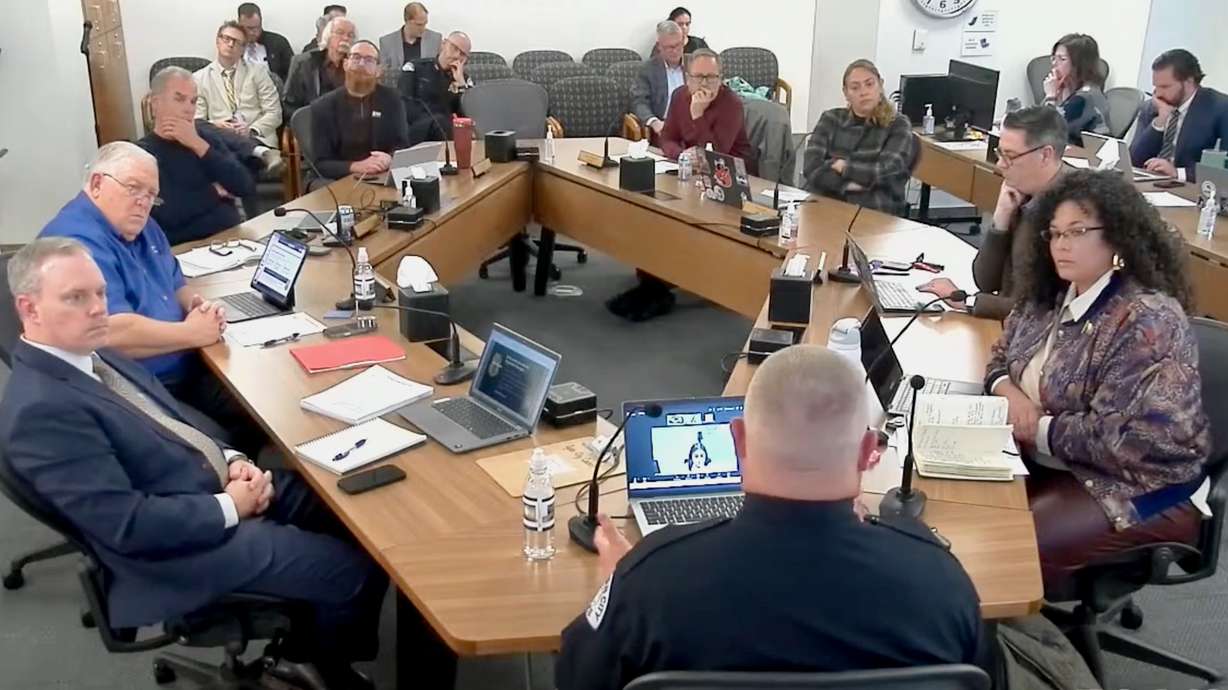 Ogden Police Chief Jake Sube, in the foreground, defended the city's system of 41 license-plate readers at a City Council work session on Tuesday.