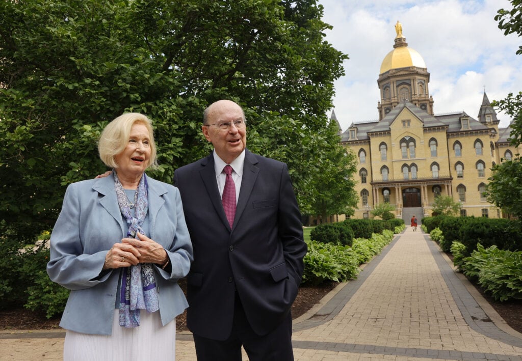 Elder Quentin L. Cook of Quorum of the Twelve Apostles of The Church of Jesus Christ of Latter-day Saints, and his wife, Sister Mary Cook, walk near the Notre Dame Golden Dome during the Notre Dame Religious Liberty Summit at the University of Notre Dame in South Bend, Ind., on June 28, 2021. The two universities share connections beyond their football game on Saturday night.