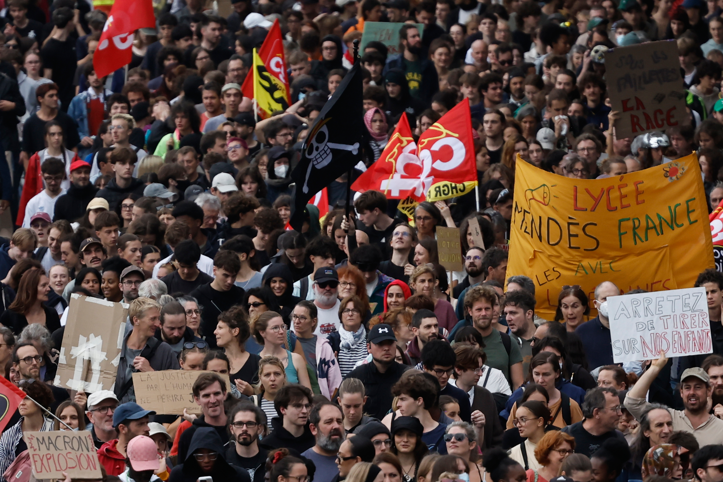 Students march to protest against under-resourced schools in Rennes, France, Tuesday, Oct. 13, 2026. 
