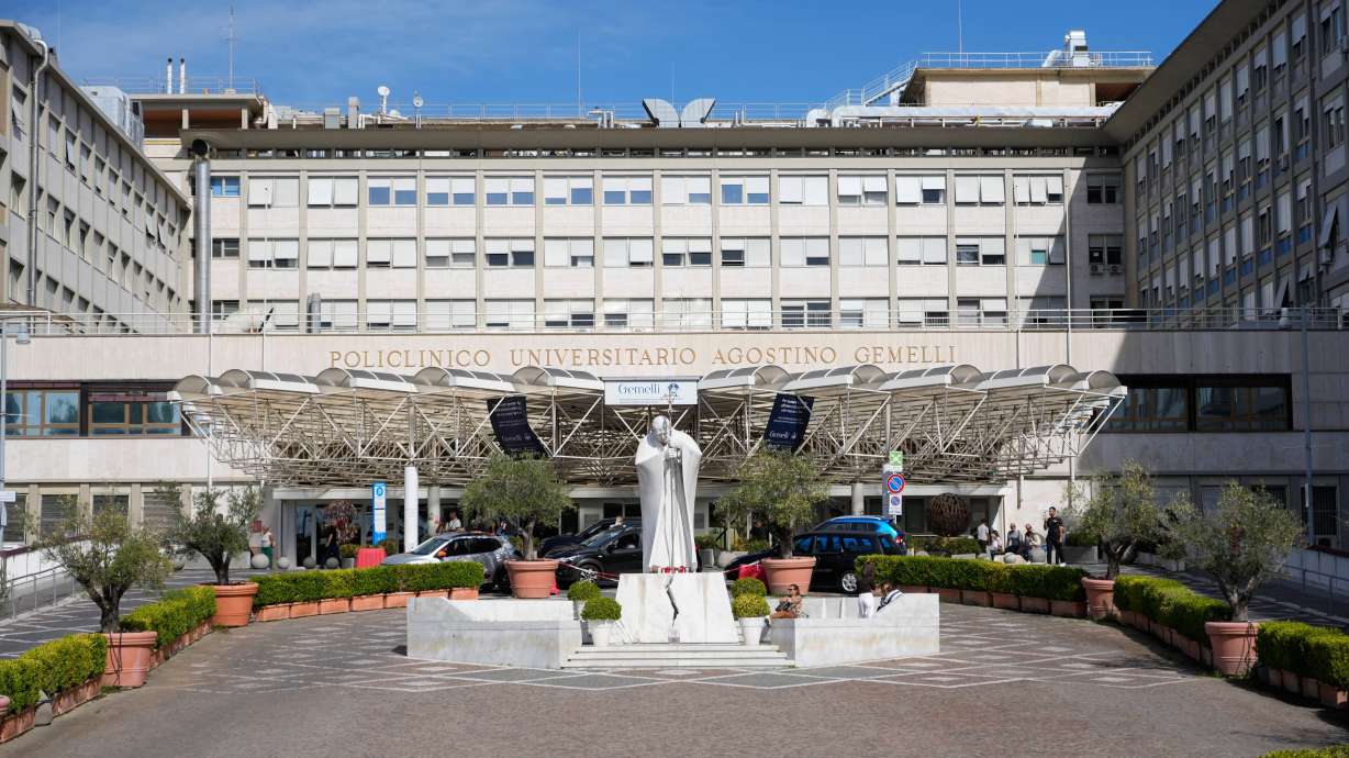 The statue of late Pope St. John Paul II at the Agostino Gemelli Polyclinic in Rome, Sunday. Pope Leo XIV, who is recovering from lung surgery at the hospital, resumed his work on Thursday.