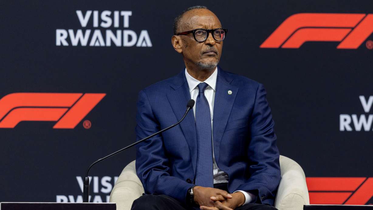 Rwandan president Paul Kagame speaks during an announcement that Formula 1 will return to Africa with a grand prix in the country starting early next decade, in Kigali, Tuesday, Oct. 13, 2026.