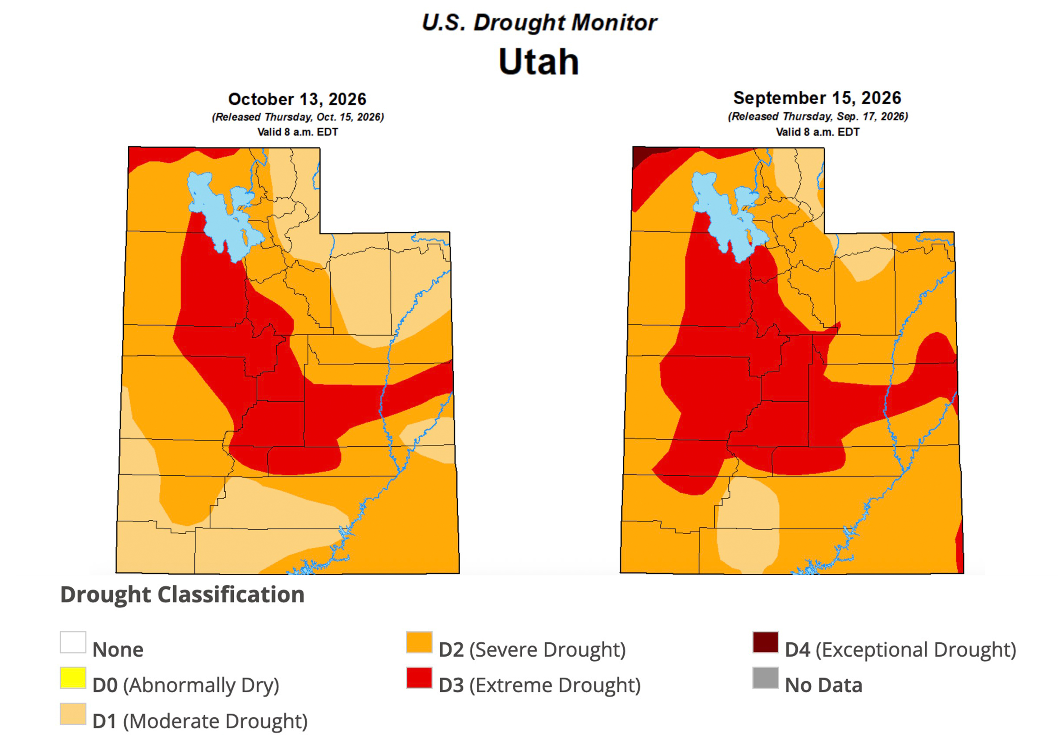 This map shows Utah's drought conditions as of this week, left, compared to last month, right. The percentage of the state in severe or worse drought has dropped from 92.2% to 71.4%.