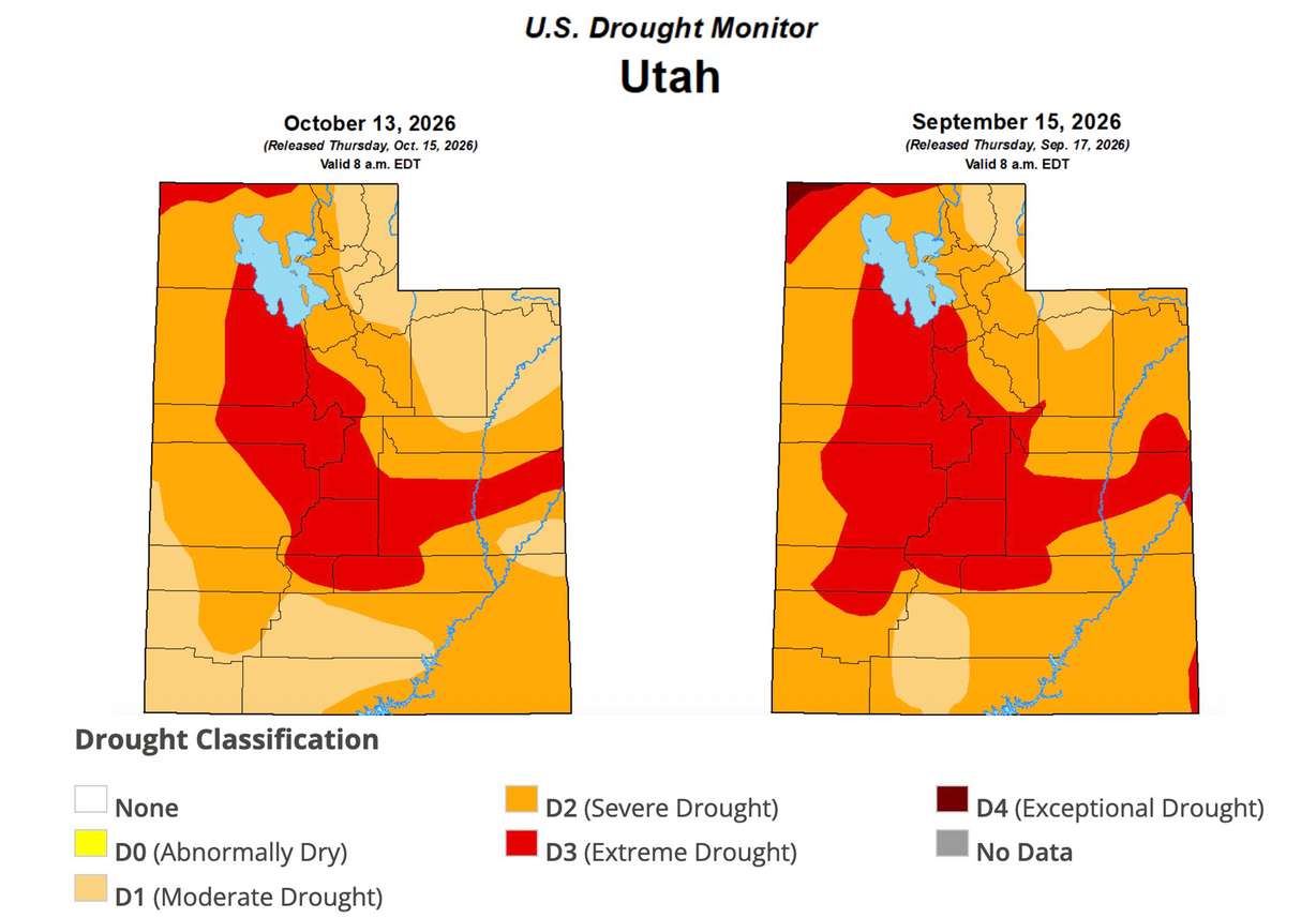 This map shows Utah's drought conditions as of this week, left, compared to last month, right. The percentage of the state in severe or worse drought has dropped from 92.2% to 71.4%.