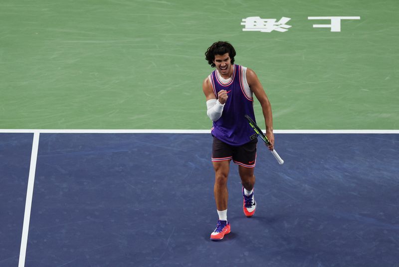 Tennis - ATP Masters 1000 - Shanghai Masters - Qizhong Forest Sports City Arena, Shanghai, China - October 12, 2026 Spain's Carlos Alcaraz reacts during his round of 32 match against Belgium's Zizou Bergs