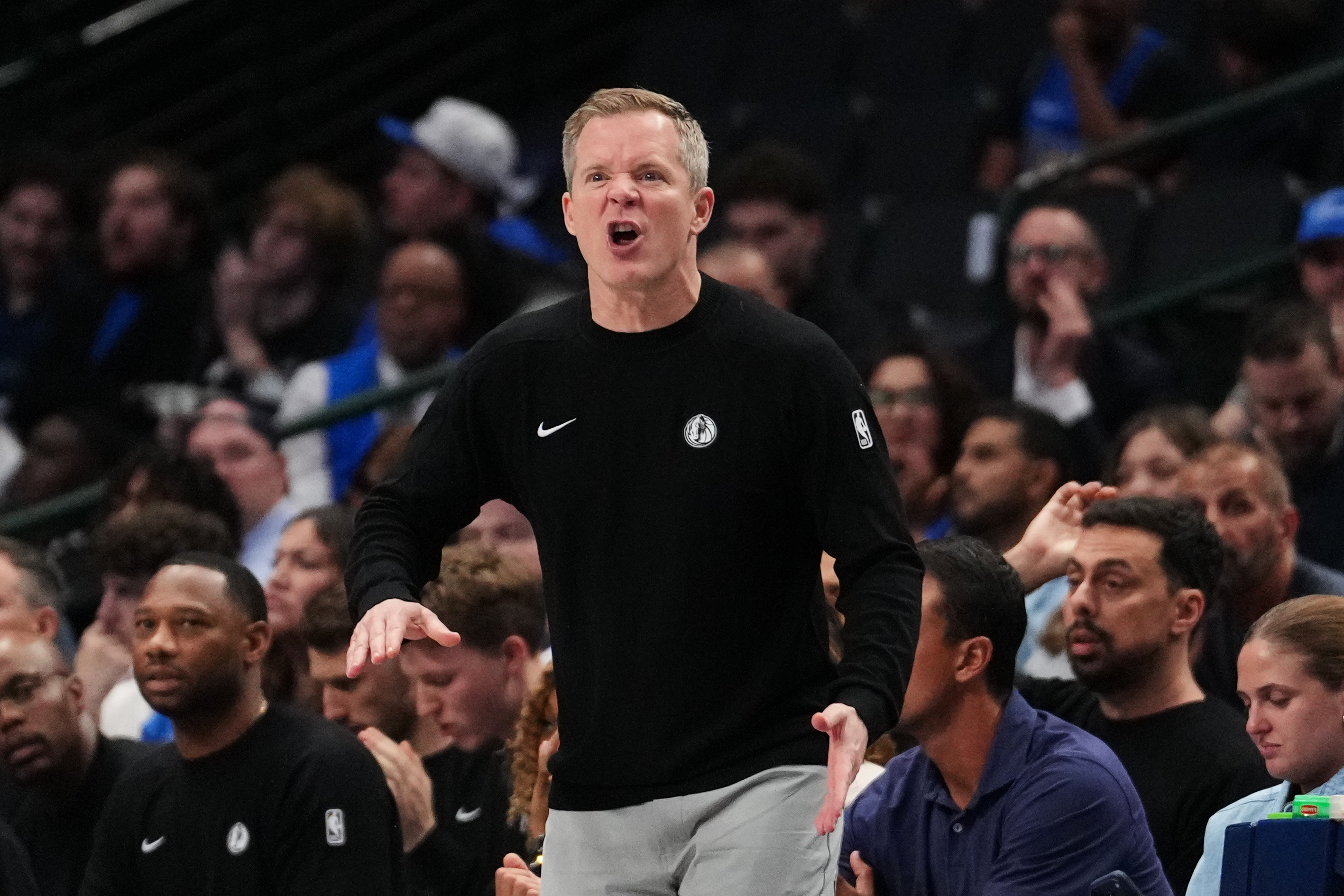 Dallas Mavericks head coach Dusty May instructs his team during the second half of a preseason NBA basketball game against the New Orleans Pelicans in Dallas, Wednesday, Oct. 14, 2026. 