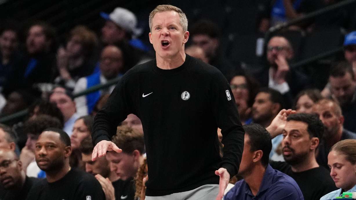 Dallas Mavericks head coach Dusty May instructs his team during the second half of a preseason NBA basketball game against the New Orleans Pelicans in Dallas, Wednesday, Oct. 14, 2026.