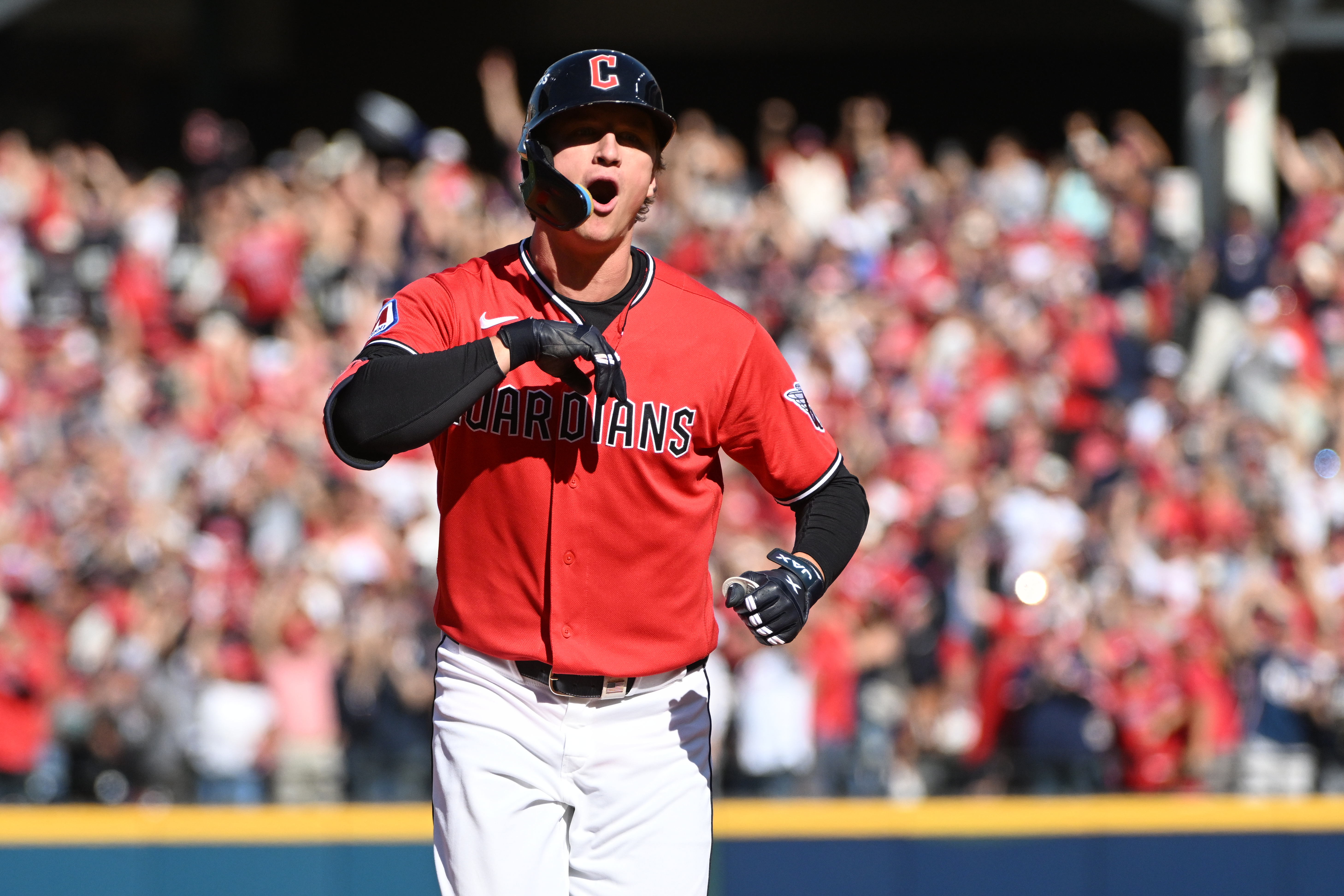 Cleveland Guardians' Petey Halpin celebrates after hitting a two-run home run during the fifth inning in Game 3 against the Tampa Bay Rays in baseball's American League Championship Series in Cleveland, Thursday, Oct. 15, 2026.
