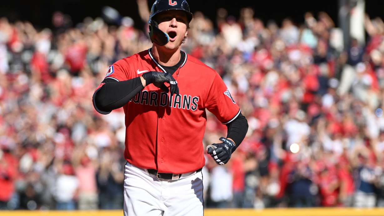 Cleveland Guardians' Petey Halpin celebrates after hitting a two-run home run during the fifth inning in Game 3 against the Tampa Bay Rays in baseball's American League Championship Series in Cleveland, Thursday, Oct. 15, 2026.