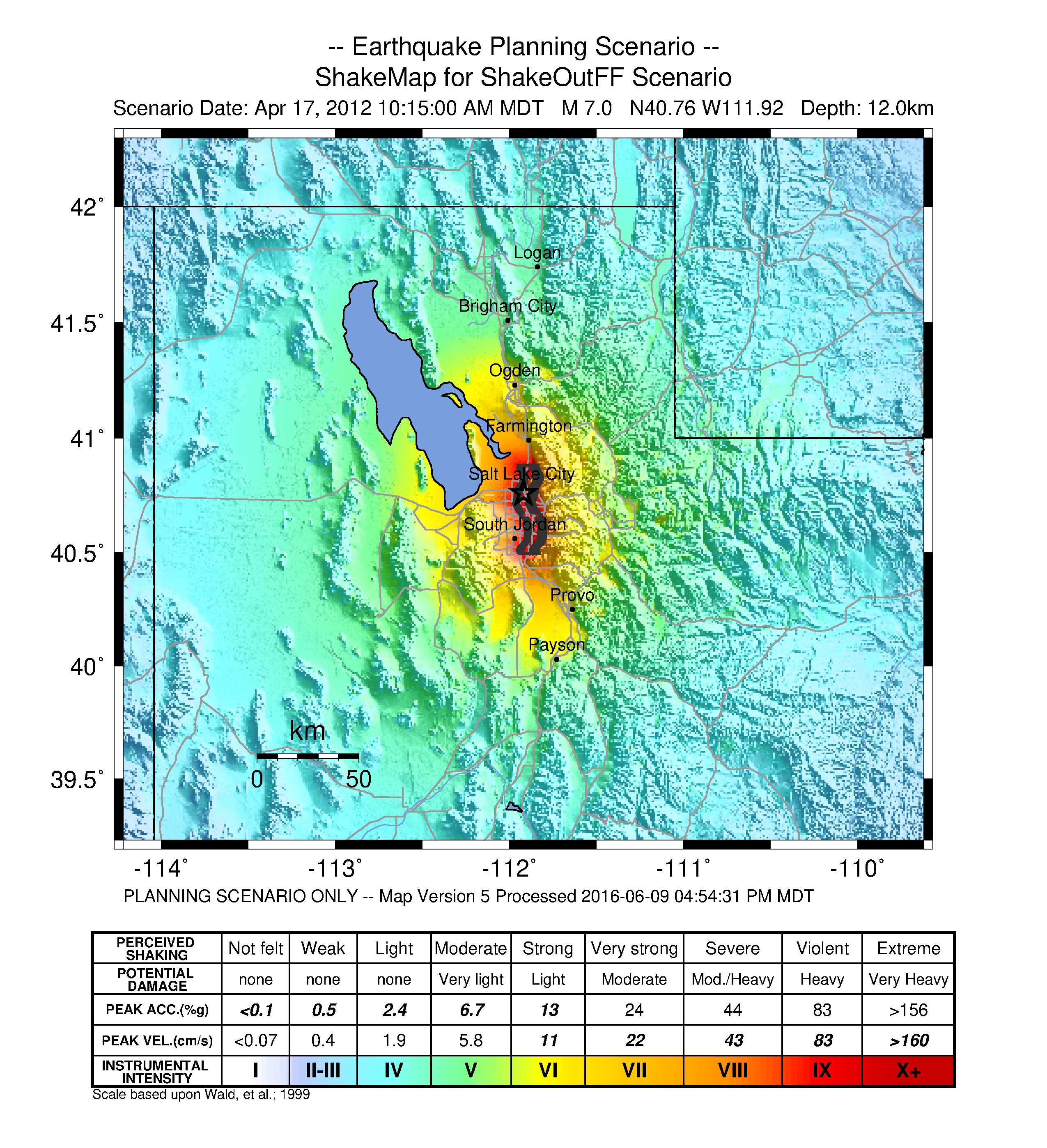 An undated image of a simulated 7.0 earthquake impact map with its epicenter located in downtown Salt Lake City.