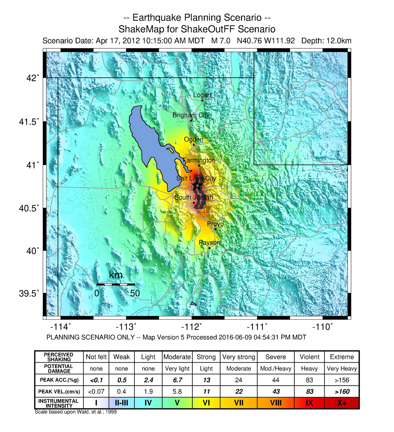 An undated image of a simulated 7.0 earthquake impact map with its epicenter located in downtown Salt Lake City.