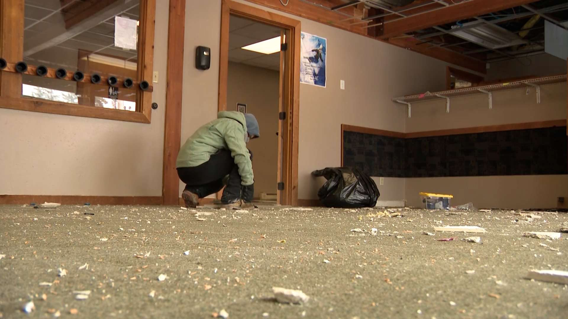Demolition work inside the Skyline Lodge at Eagle Point Ski Resort.