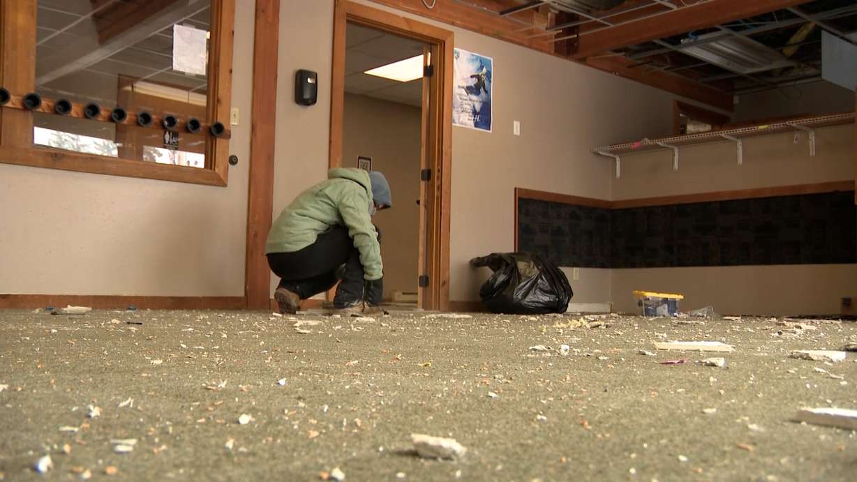 Demolition work inside the Skyline Lodge at Eagle Point Ski Resort.