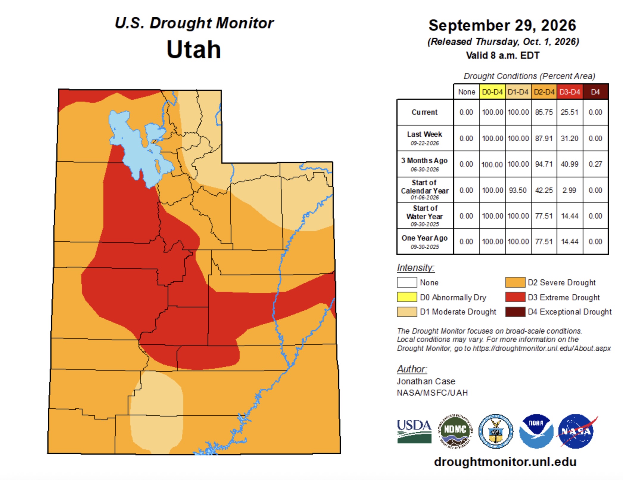 This map shows Utah's drought situation at the end of the 2026 water year. Conditions have improved somewhat over the first few weeks of the 2027 water year.