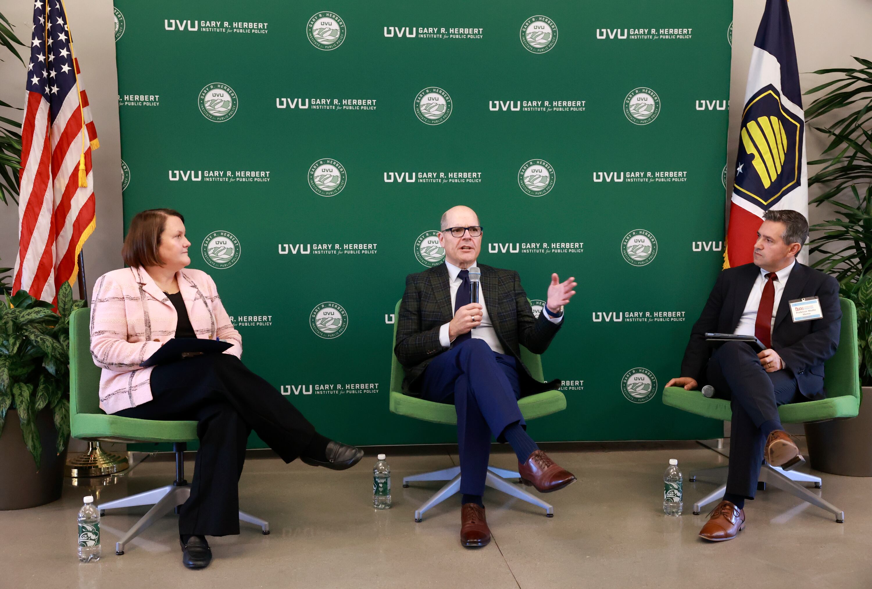 Sarah Jane Weaver, Deseret News editor, moderates a discussion on ethical and moral considerations of AI regulation with Bennett Borden, Clarion AI Partners founder and CEO, and Medlir Mema, Organized Intelligence co-founder, at the AI: The Regulatory Frontier summit at UVU’s Lehi campus on Thursday.