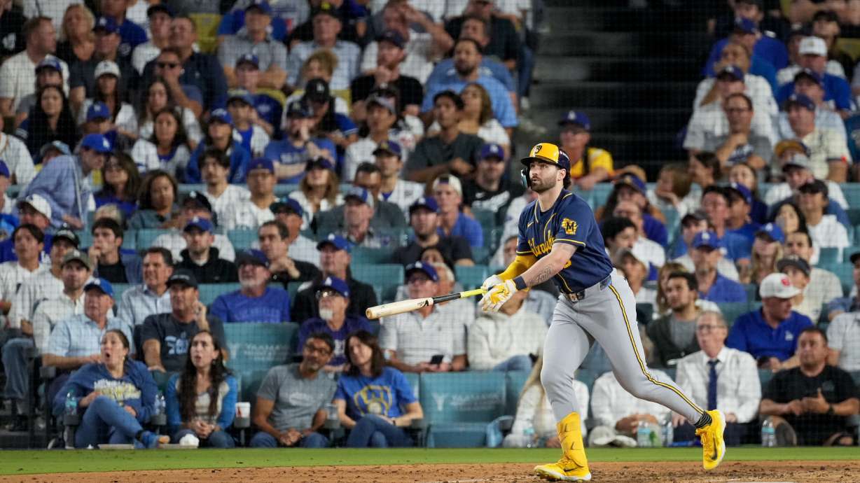 Milwaukee Brewers center fielder Garrett Mitchell follows through on his solo home run during the sixth inning of Game 4 of baseball's National League Championship Series between the Milwaukee Brewers and the Los Angeles Dodgers, Thursday, Oct. 15, 2026, in Los Angeles.