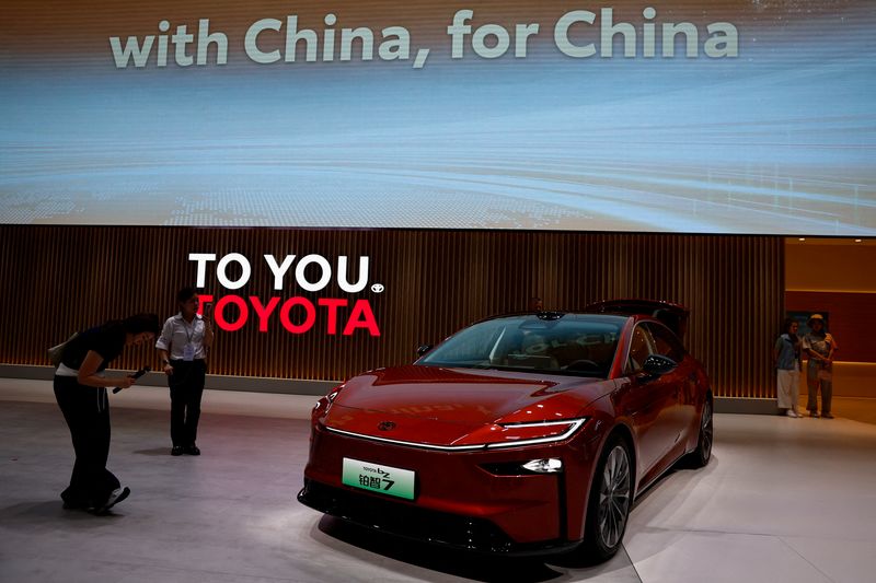 FILE PHOTO: Toyota bZ7 electric sedan is displayed at the Beijing International Automotive Exhibition (Auto China), in Beijing, China, April 24, 2026.