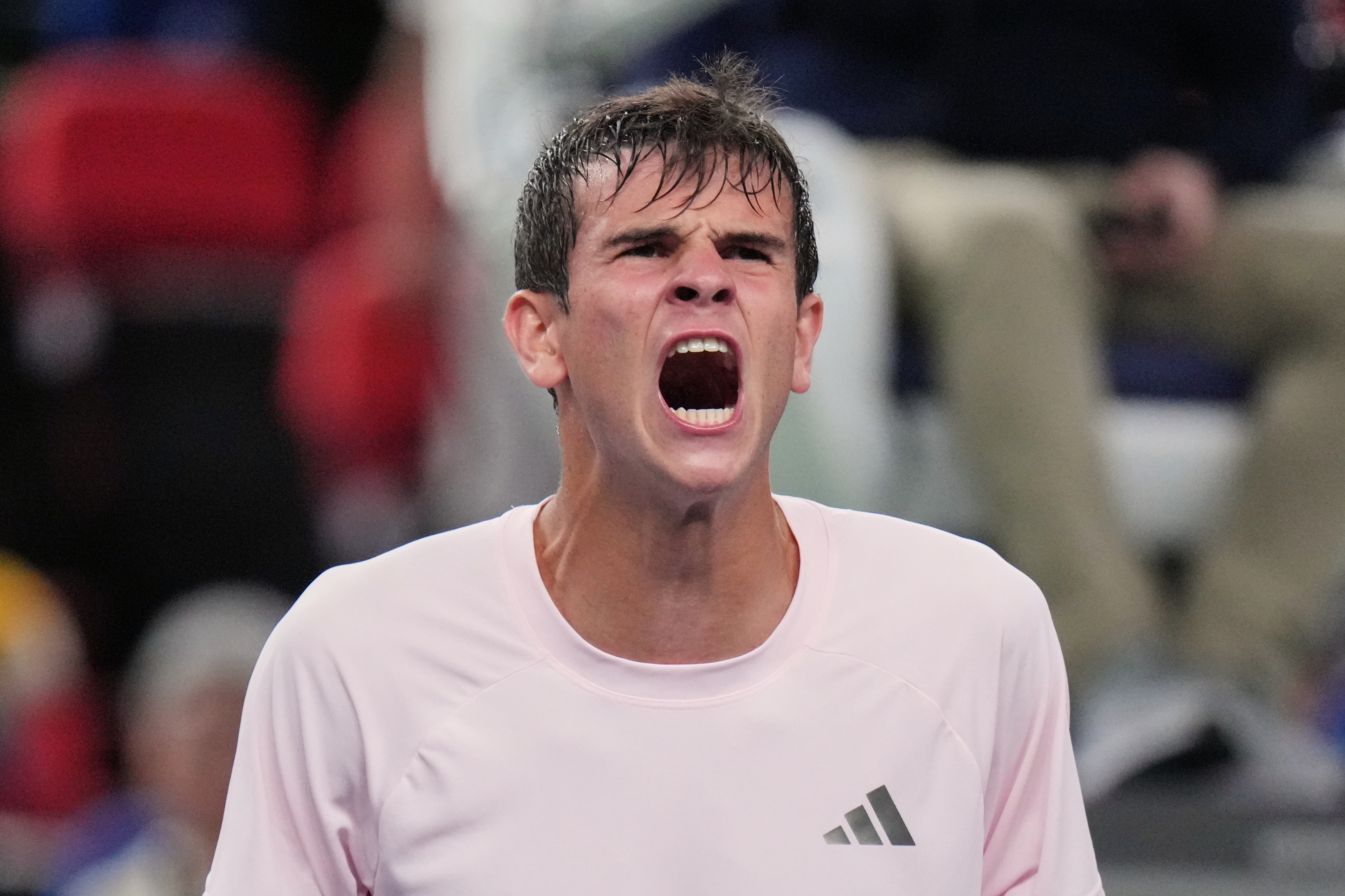 Spain's Rafael Jodar reacts after winning the men's singles quarterfinals match against Norway's Casper Ruud at the Shanghai Masters tennis tournament in Shanghai, China, Friday, Oct. 16, 2026. 