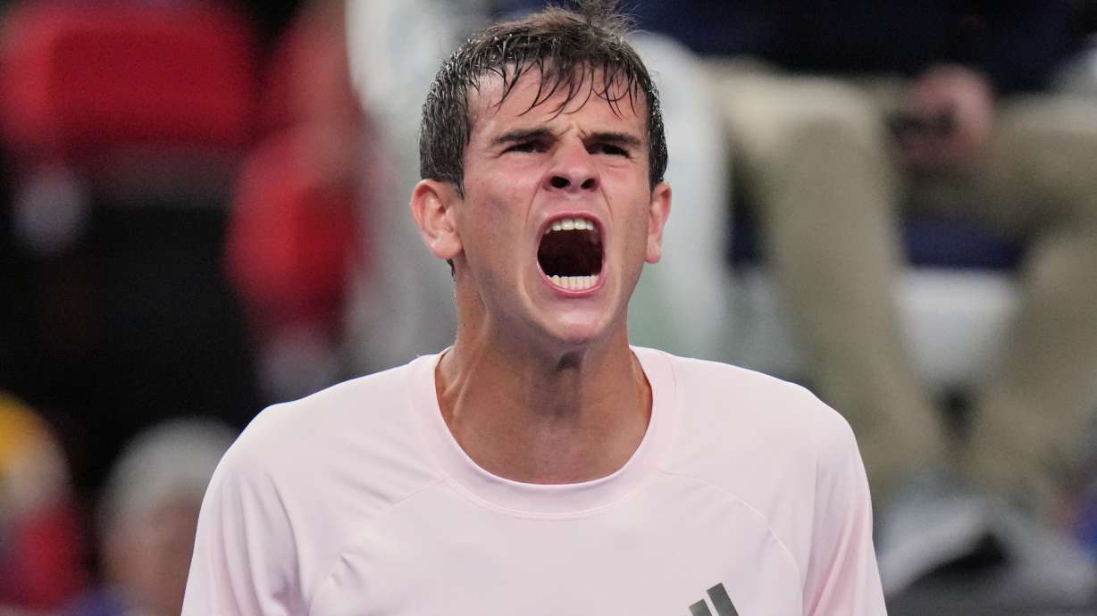 Spain's Rafael Jodar reacts after winning the men's singles quarterfinals match against Norway's Casper Ruud at the Shanghai Masters tennis tournament in Shanghai, China, Friday, Oct. 16, 2026.
