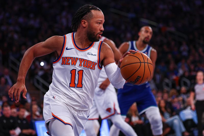 Oct 12, 2026; New York, New York, USA;  New York Knicks point guard Jalen Brunson (11) dribbles during the first quarter against the Minnesota Timberwolves at Madison Square Garden.