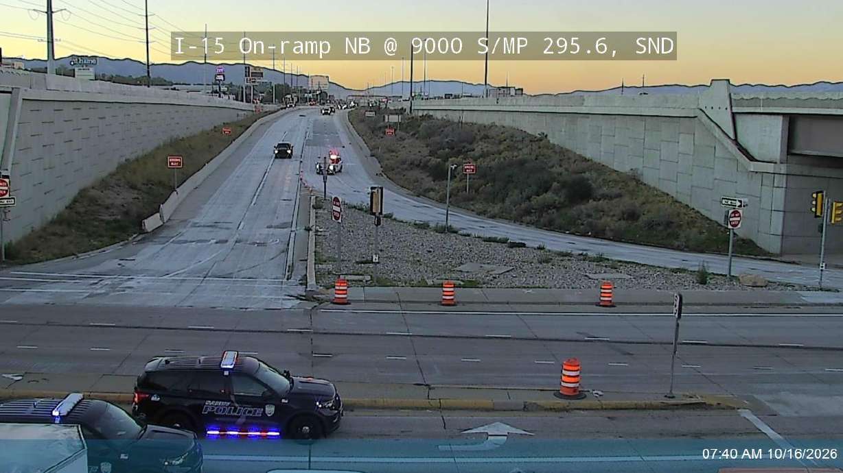 A crash occurred near the I-15 overpass on 9000 South in Sandy on Friday, Oct. 16, 2026, blocking traffic in both directions.