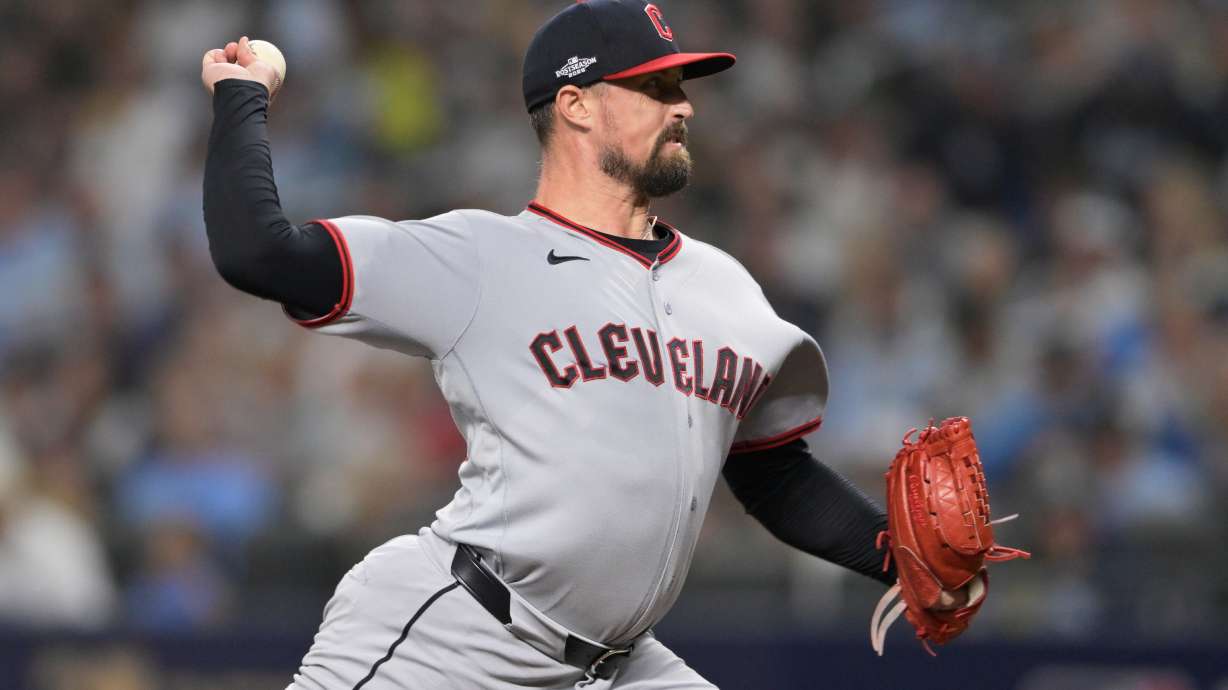 Cleveland Guardians pitcher Shawn Armstrong throws against the Tampa Bay Rays during the seventh inning in Game 2 of an American League Championship Series baseball game in St. Petersburg, Fla. Tuesday, Oct. 13, 2026.