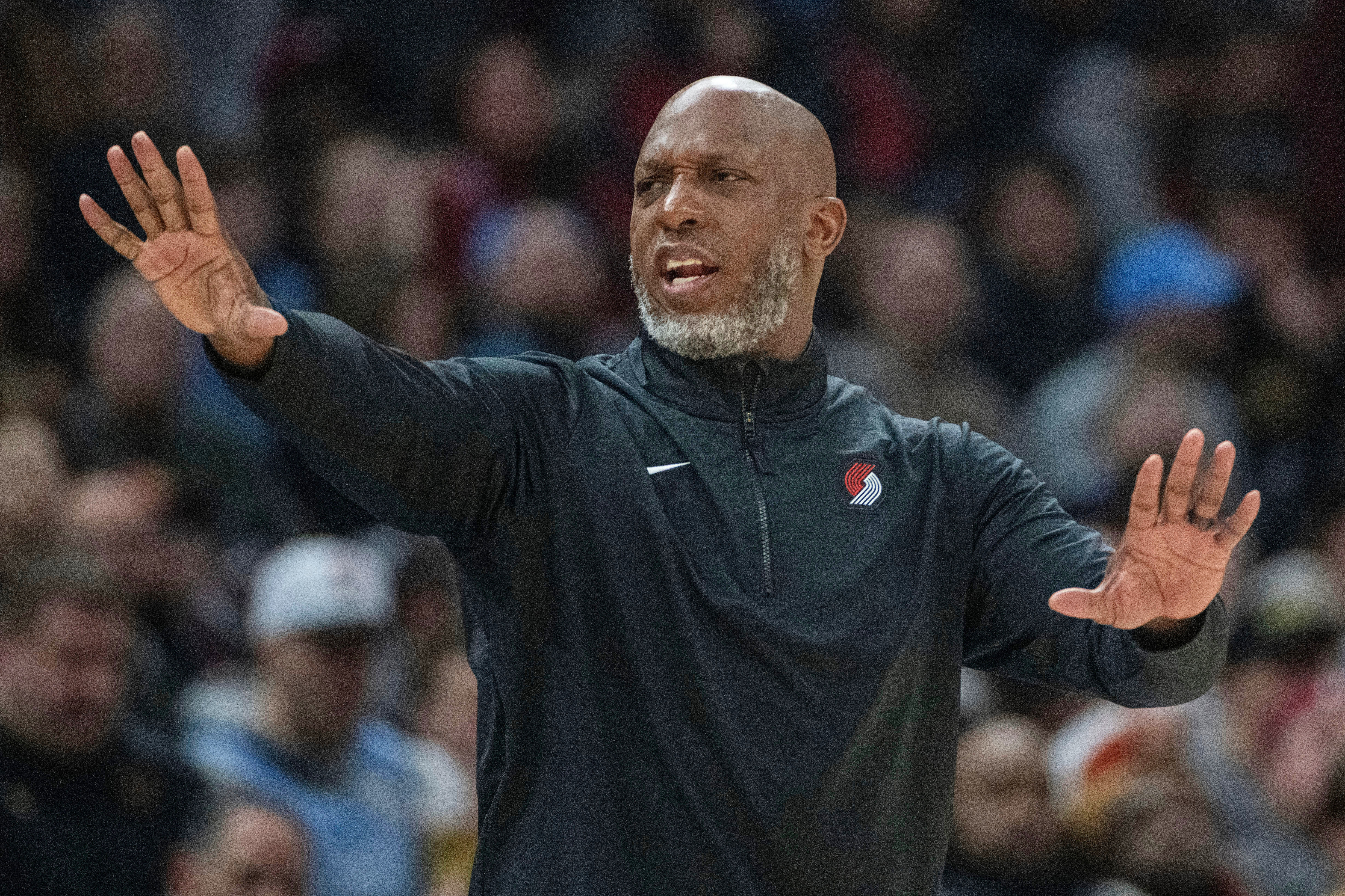 FILE - Portland Trail Blazers head coach Chauncey Billups directs his team during the first half of an NBA basketball game against the Cleveland Cavaliers in Cleveland, Sunday, March 2, 2025. 