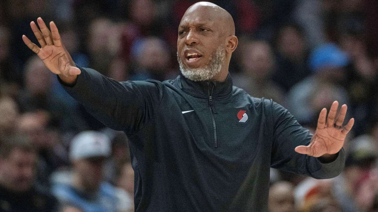 FILE - Portland Trail Blazers head coach Chauncey Billups directs his team during the first half of an NBA basketball game against the Cleveland Cavaliers in Cleveland, Sunday, March 2, 2025.