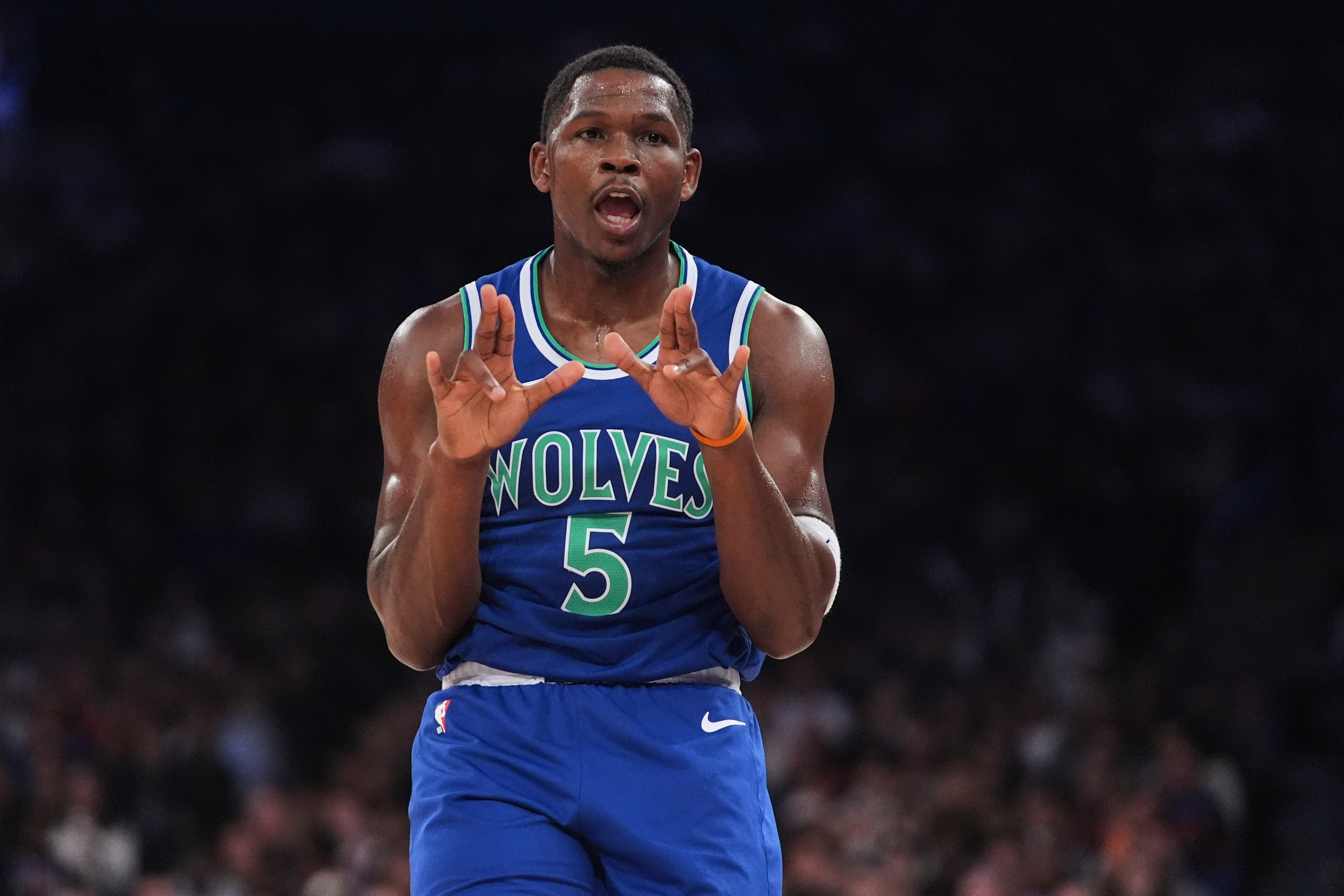 Minnesota Timberwolves' Anthony Edwards (5) gestures after making a three-point shot during the first half of a preseason NBA basketball game against the New York Knicks Monday, Oct. 12, 2026, in New York. 