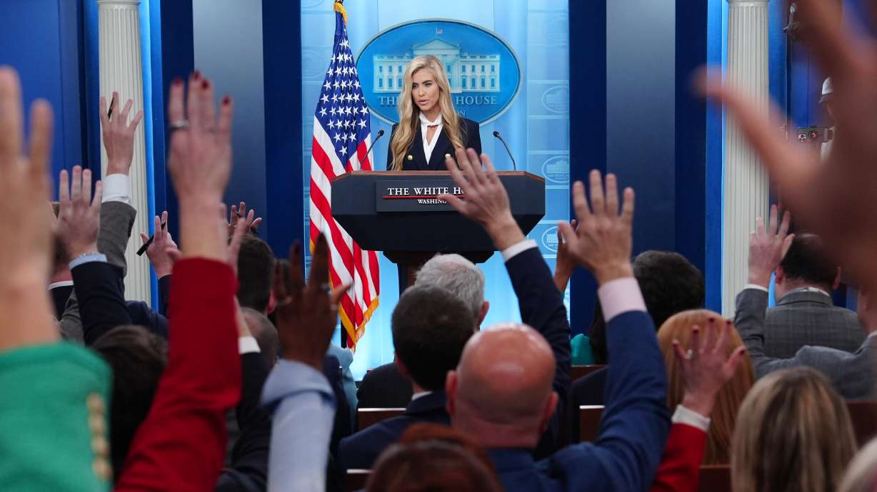 White House press secretary Katie Zacharia speaks with reporters in the James Brady Press Briefing Room at the White House, Tuesday, in Washington. Zacharia left the role on Friday.