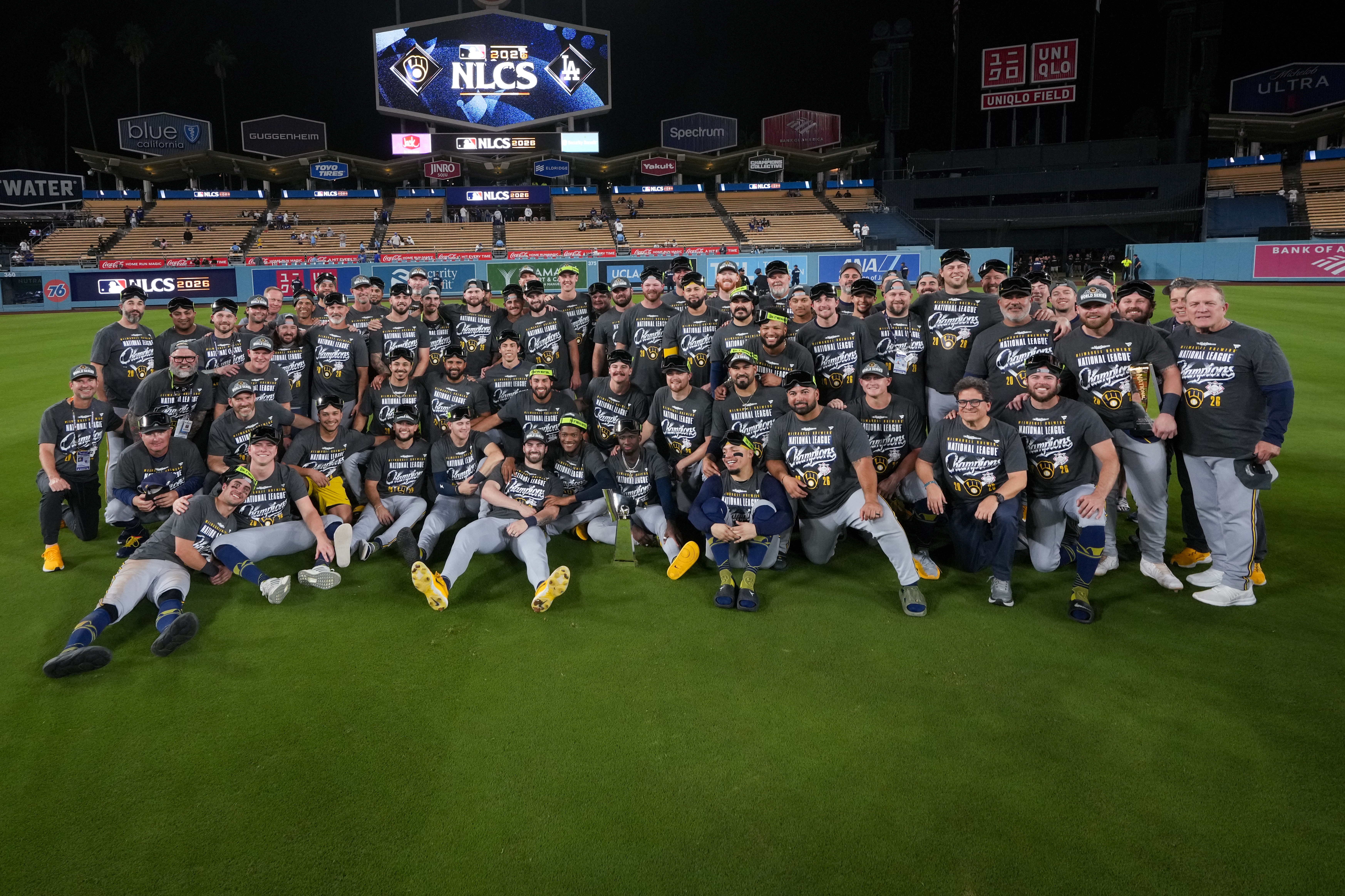 The Milwaukee Brewers pose for a team photo after Game 4 of baseball's National League Championship Series between the Milwaukee Brewers and the Los Angeles Dodgers, Thursday, Oct. 15, 2026, in Los Angeles. 