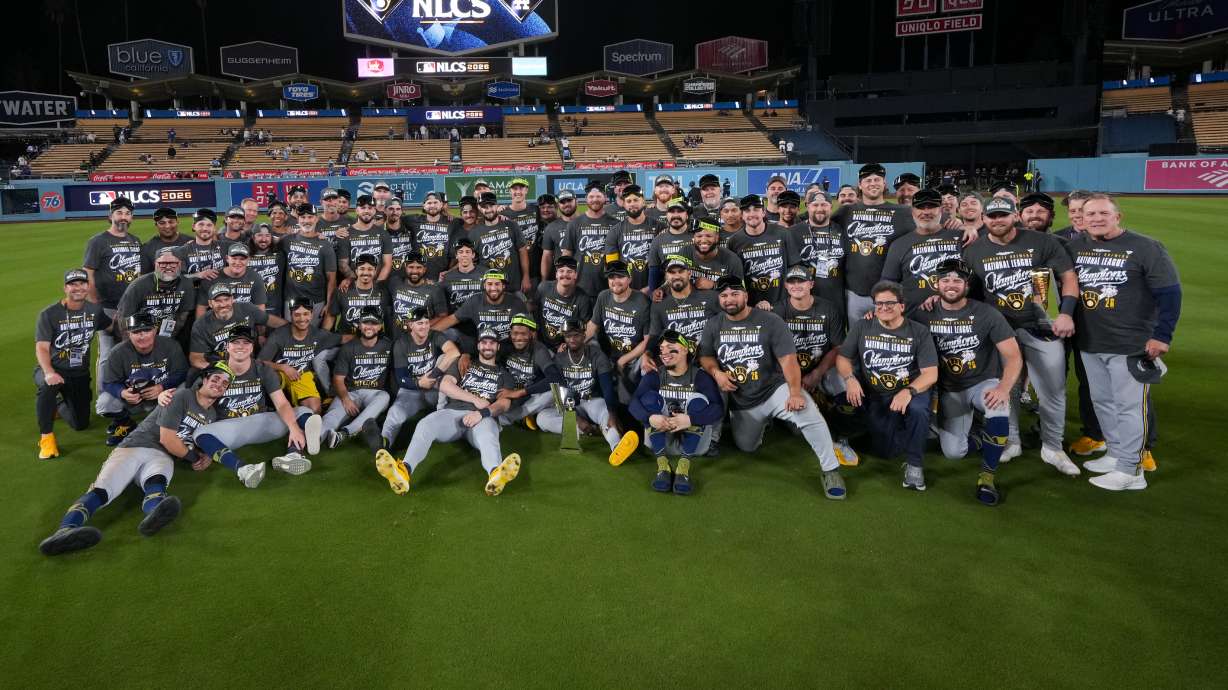 The Milwaukee Brewers pose for a team photo after Game 4 of baseball's National League Championship Series between the Milwaukee Brewers and the Los Angeles Dodgers, Thursday, Oct. 15, 2026, in Los Angeles.