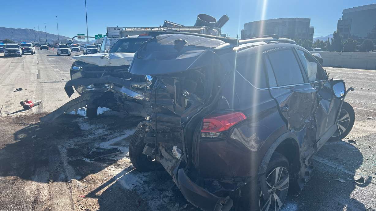 Three people were extracted from vehicles, one of them hospitalized, in an I-15 crash near the Sandy exit Friday afternoon, according to Utah Highway Patrol.