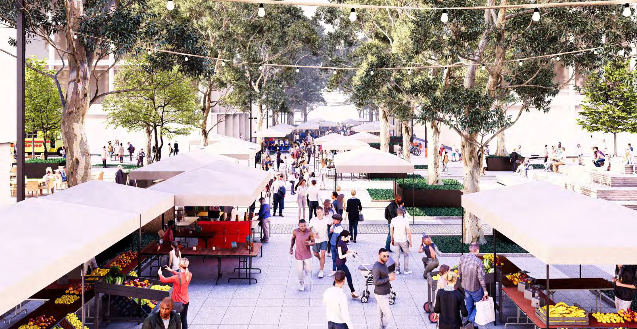 A rendering of a Rio Grande District "festival street" when it is set up for a street market. The redesign of 300 South in the area is one of the concepts being considered in new infrastructure west of the Rio Grande Depot.