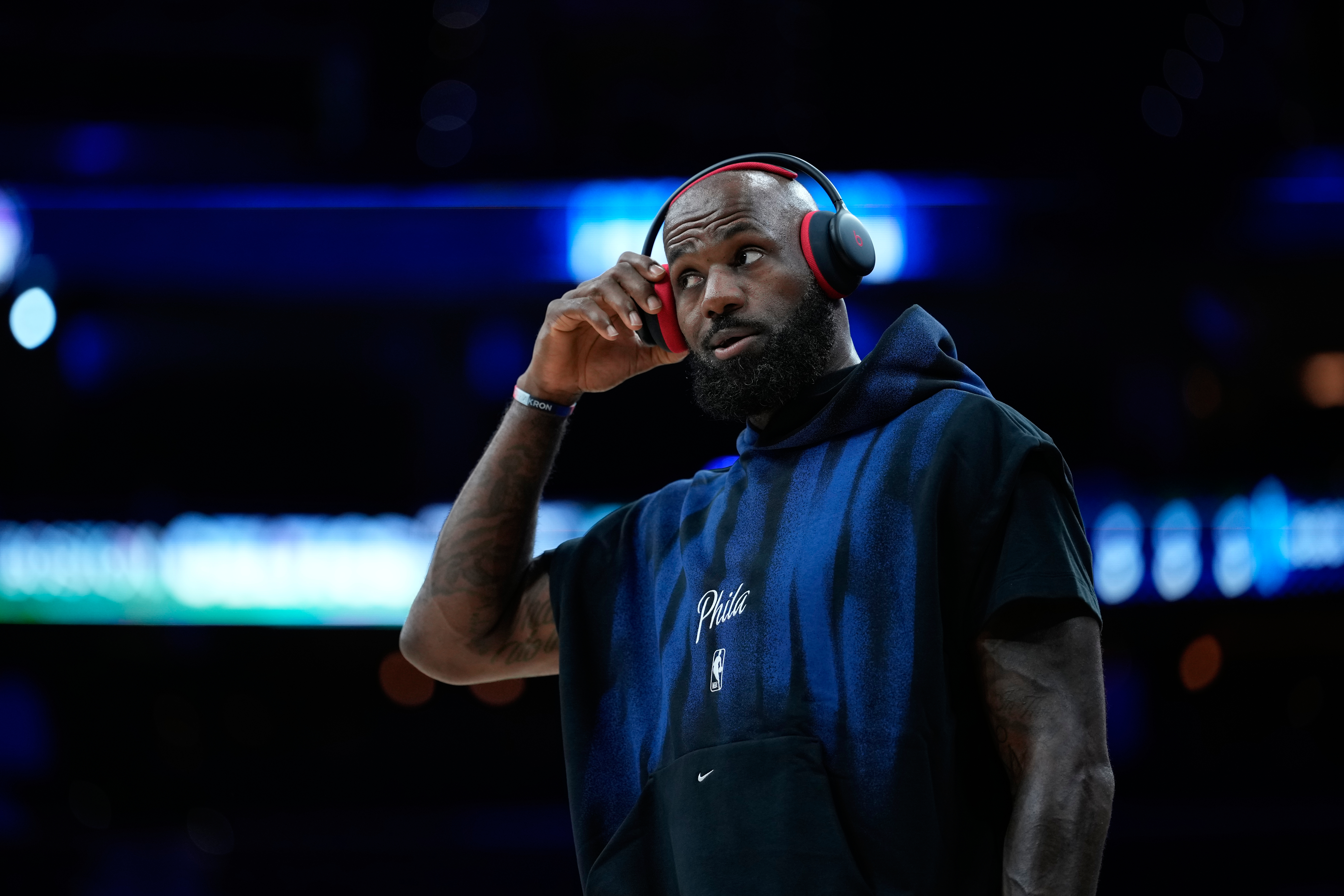 Philadelphia 76ers' LeBron James warms up before a preseason NBA basketball game against the Boston Celtics Friday, Oct. 16, 2026, in Philadelphia. 