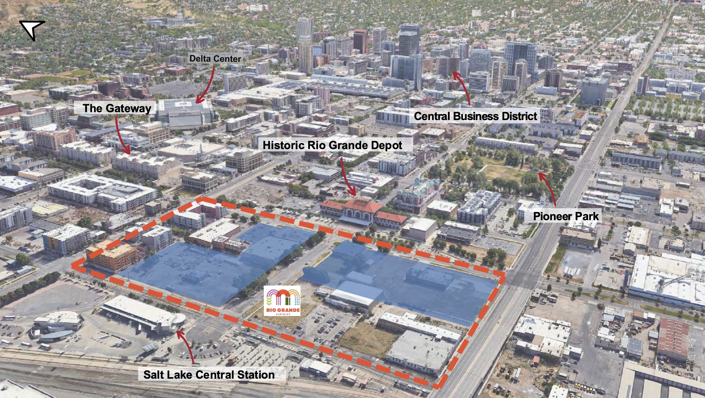 A map that shows where the Rio Grande District in Salt Lake City sits in relation to other sites slated for redevelopment in the area.