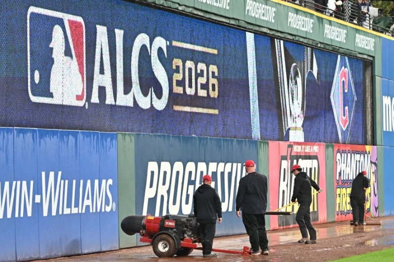 Oct 16, 2026; Cleveland, Ohio, USA;  The grounds crew work on the warning track before game four of the ALCS between Tampa Bay Rays and Cleveland Guardians in the 2026 MLB Playoffs at Progressive Field.