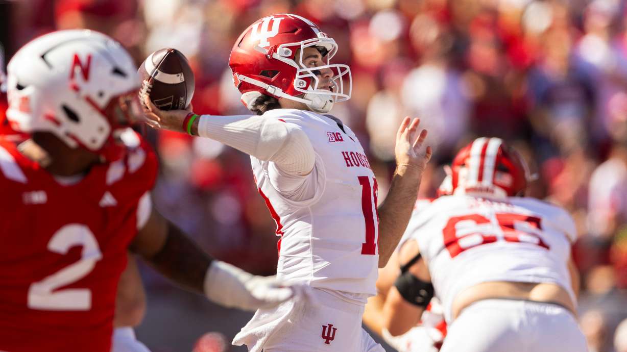 Indiana quarterback Josh Hoover (10) throws a pass during the second half of an NCAA college football game against Nebraska, Saturday, Oct. 10, 2026, in Lincoln, Neb.