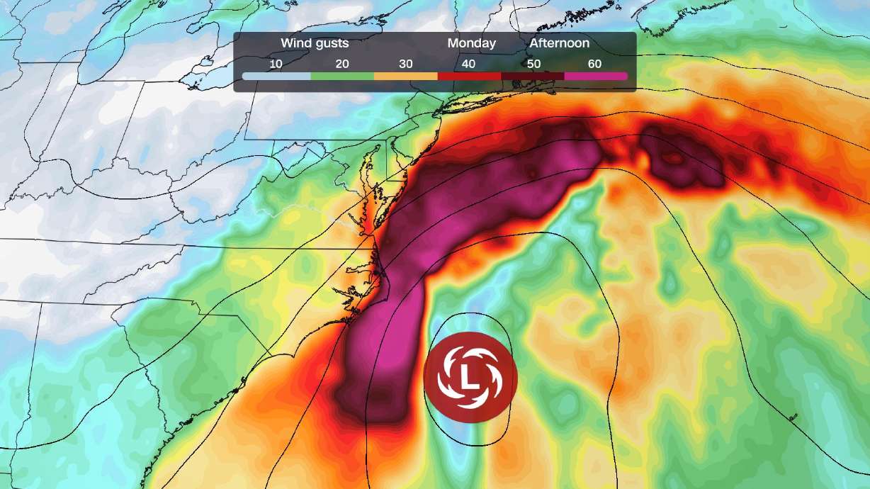 Strong wind gusts (oranges to purples) are likely on Monday afternoon.