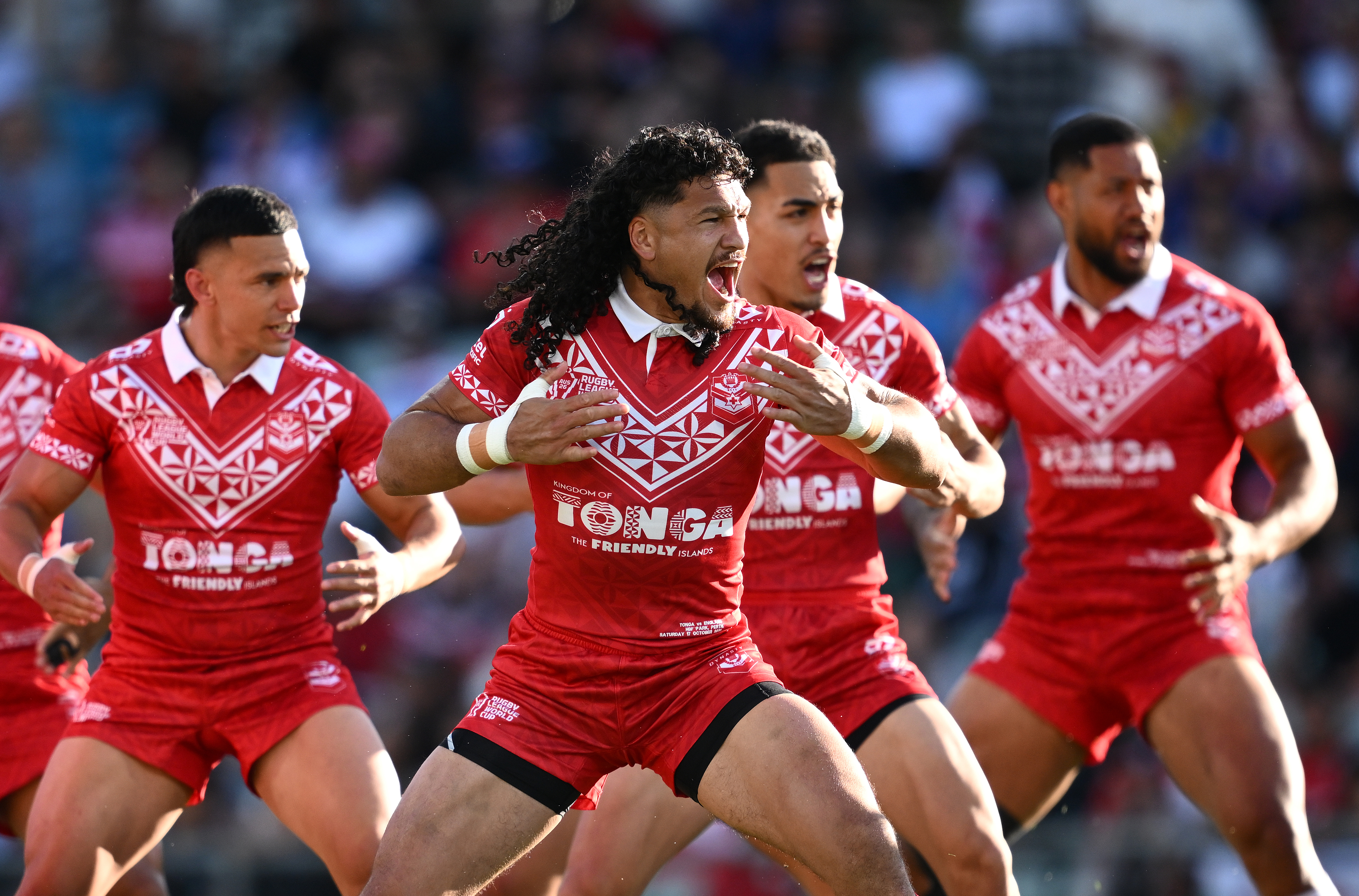 Dallin Watene-Zelezniak is seen as Team Tonga perform the Sipi Tau prior to the Men's Rugby League World Cup Group A match between England and Tonga in Perth, Saturday, Oct. 17, 2026. 