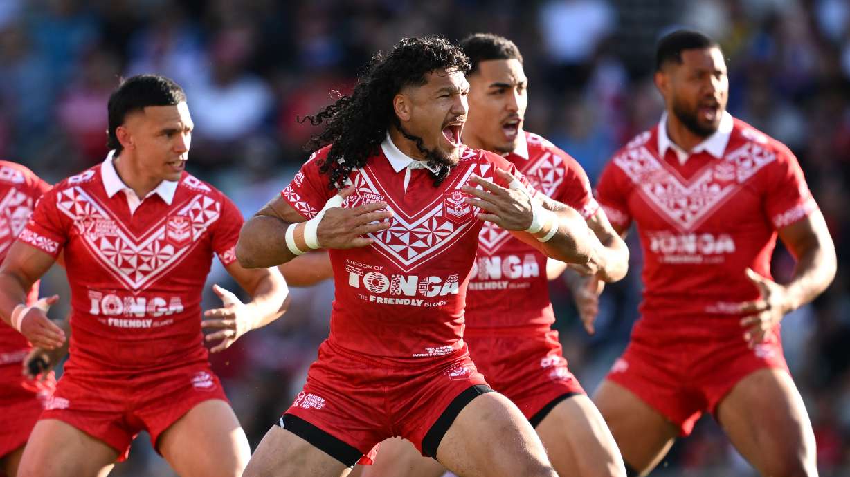 Dallin Watene-Zelezniak is seen as Team Tonga perform the Sipi Tau prior to the Men's Rugby League World Cup Group A match between England and Tonga in Perth, Saturday, Oct. 17, 2026.