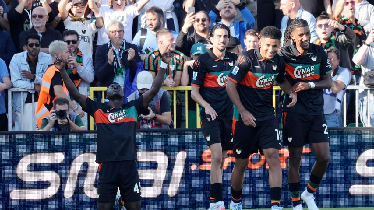 Venezia's Akor Adams celebrates after scoring during the Italian Serie A soccer match between Venezia FC and Napoli in Venice, Italy, Saturday, Oct. 17, 2026.