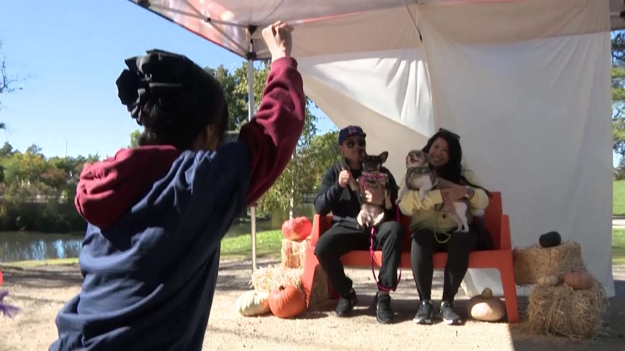 A couple has their picture taken with their dogs at the 30th annual "Strut Your Mutt" walk at Liberty Park in Salt Lake City, Saturday. Thousands of dogs gathered to raise money for animal welfare programs at the event.