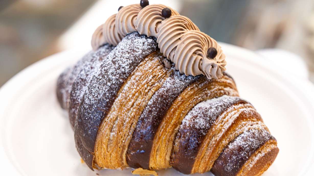 A milk chocolate croissant is displayed at the Bonrue Bakery’s new location in Provo on Sunday. Oct. 11. When it comes to French pastries, nobody does it quite like Bonrue Bakery.