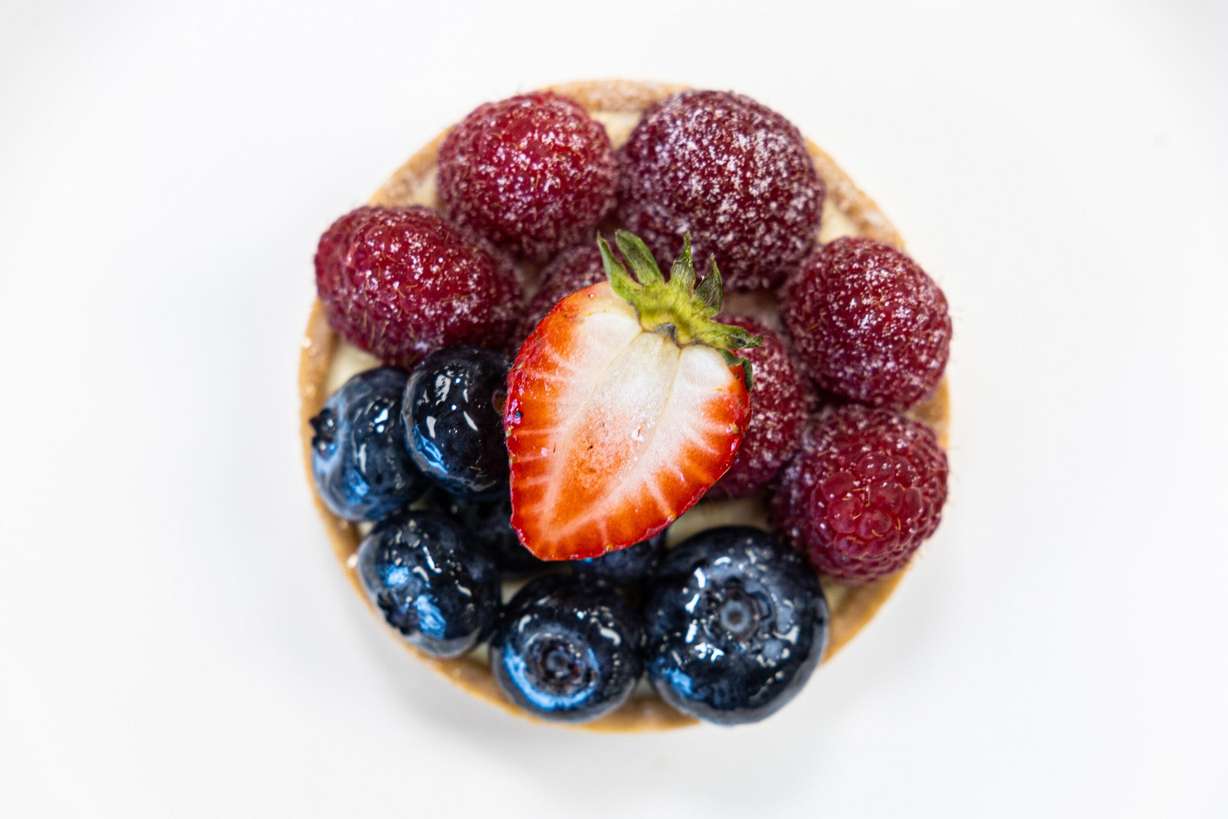 A fruit tart is displayed at the Bonrue Bakery’s new location in Provo on Sunday, Oct. 11.