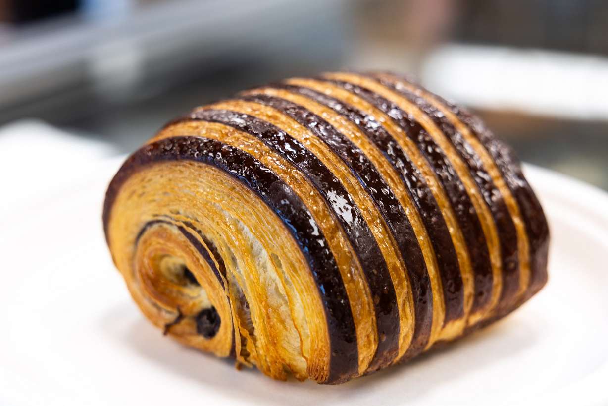 A chocolate croissant is displayed at the Bonrue Bakery’s new location in Provo on Sunday, Oct. 11.