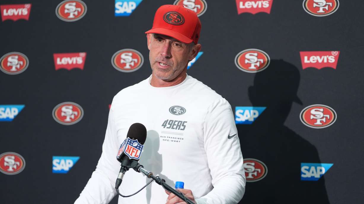 San Francisco 49ers head coach Kyle Shanahan speaks to reporters following an NFL football game against the Seattle Seahawks, Sunday, Oct. 11, 2026, in Seattle.