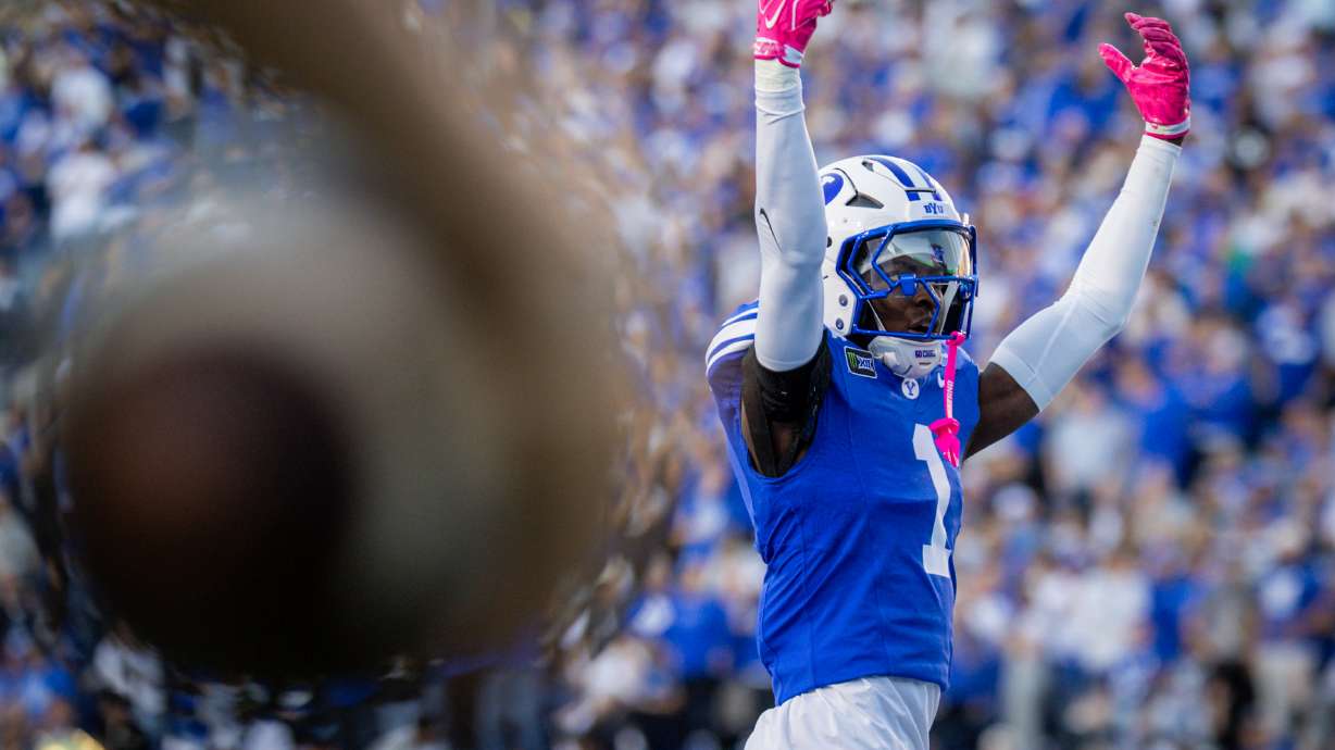 BYU Cougars cornerback Therrian Alexander (1) celebrates during a football game against the Notre Dame Fighting Irish at LaVell Edwards Stadium in Provo on Saturday, Oct. 17, 2026.